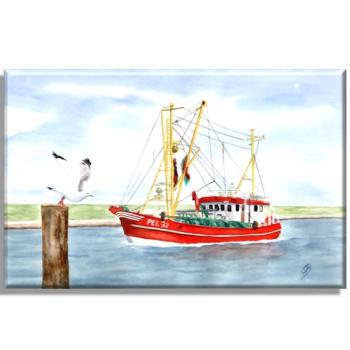 Stretcher frame canvas 40 x 30 cm   Watercolor Maritime Art Print Denmark North Sea Baltic Sea Fishing boat  fisherboat cutter Seagulls